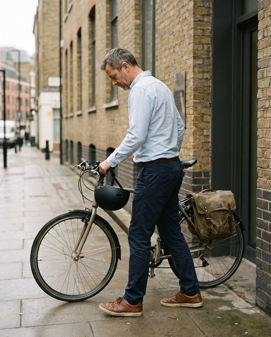 Commuter arriving at work by bike in his everyday clothes