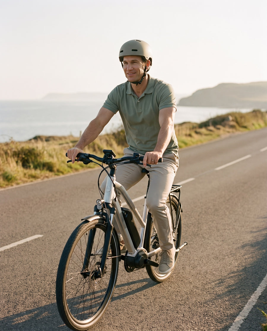 Rider enjoying an e-bike ride along a quiet coastal lane in his everyday clothes