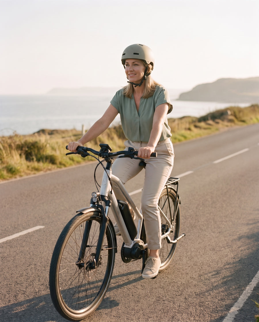 Rider enjoying an e-bike ride along a quiet coastal lane in her everyday clothes