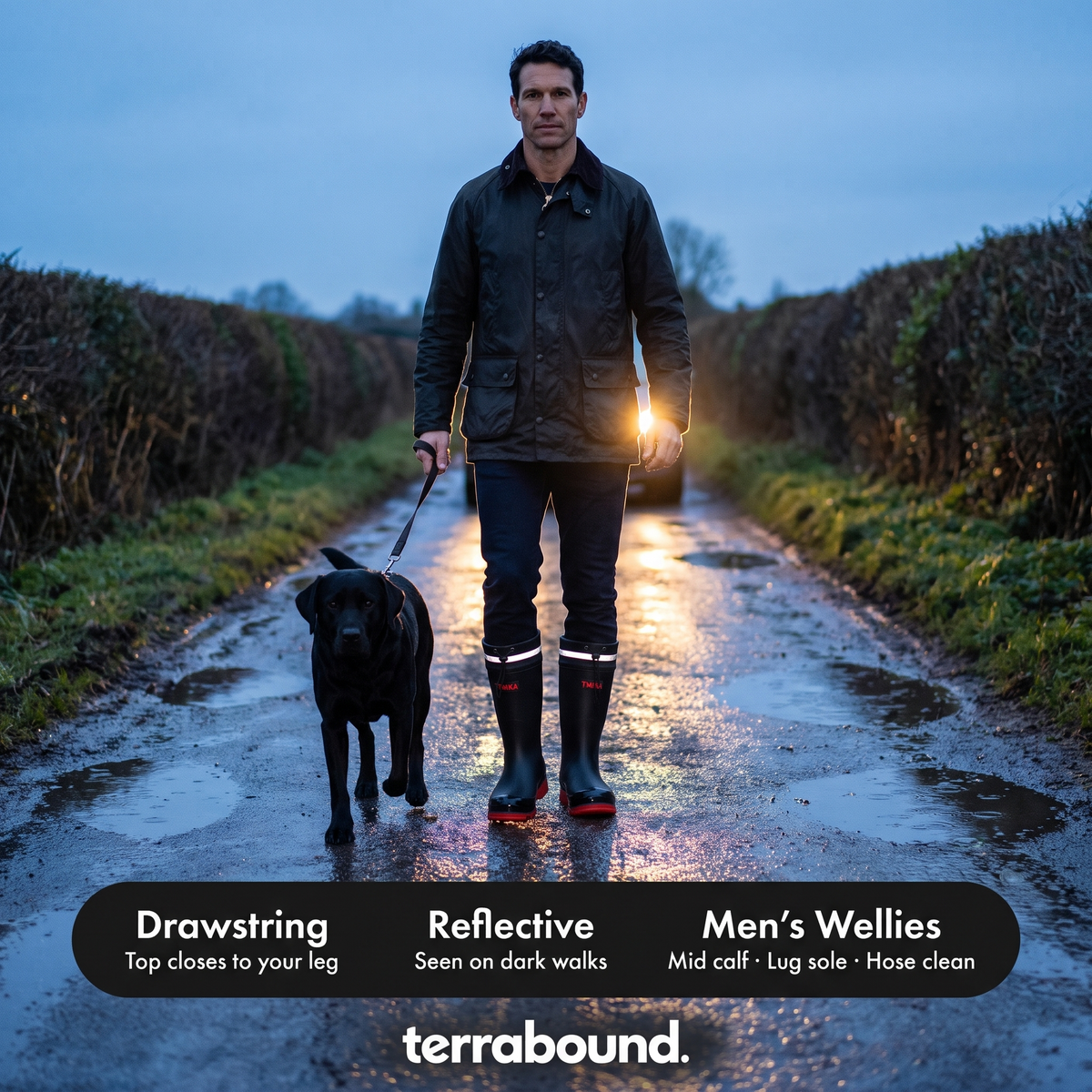 Man walking a dog on a dark lane, the reflective bands on his wellies lit by car headlights