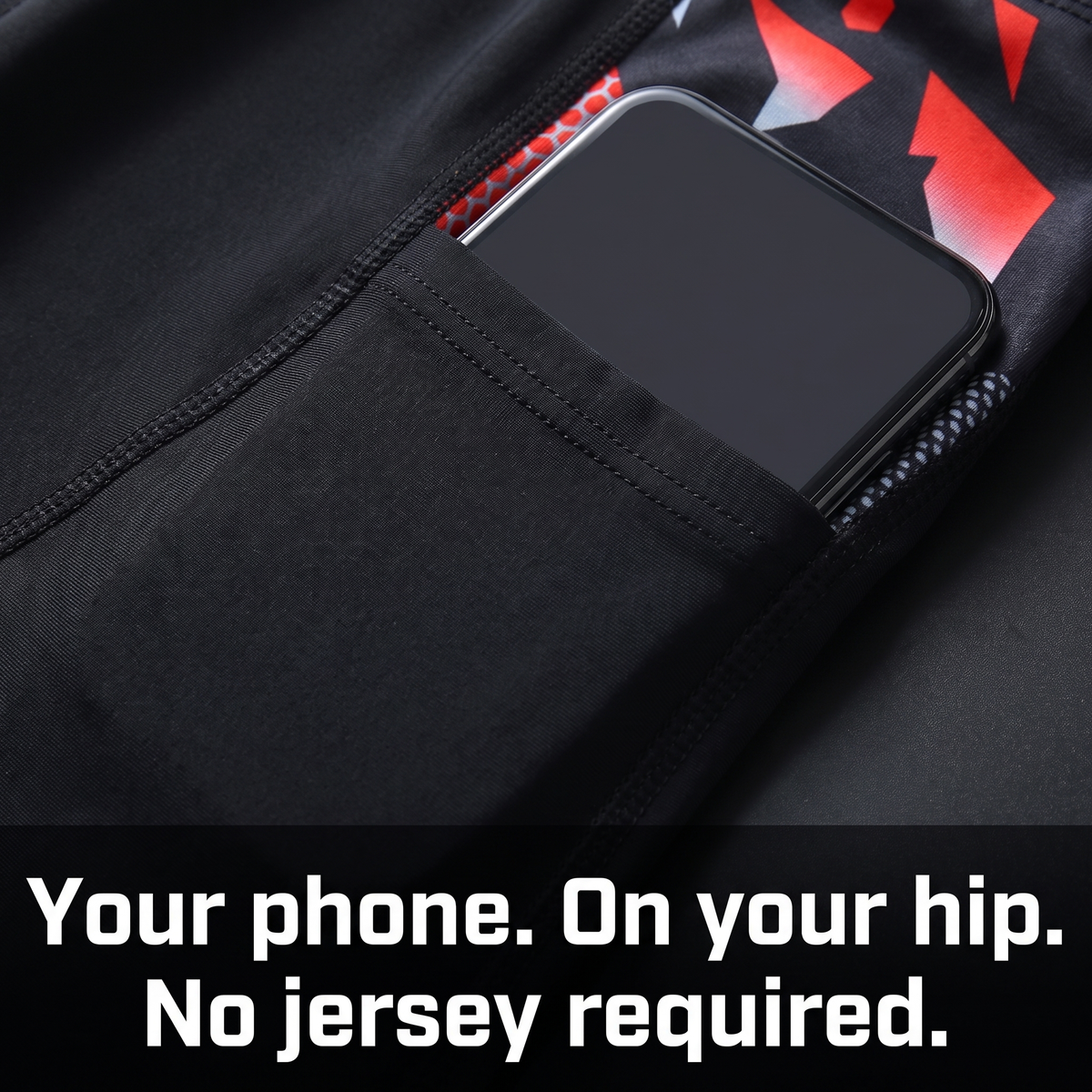 Phone slipped into the open hip pocket on the outer thigh
