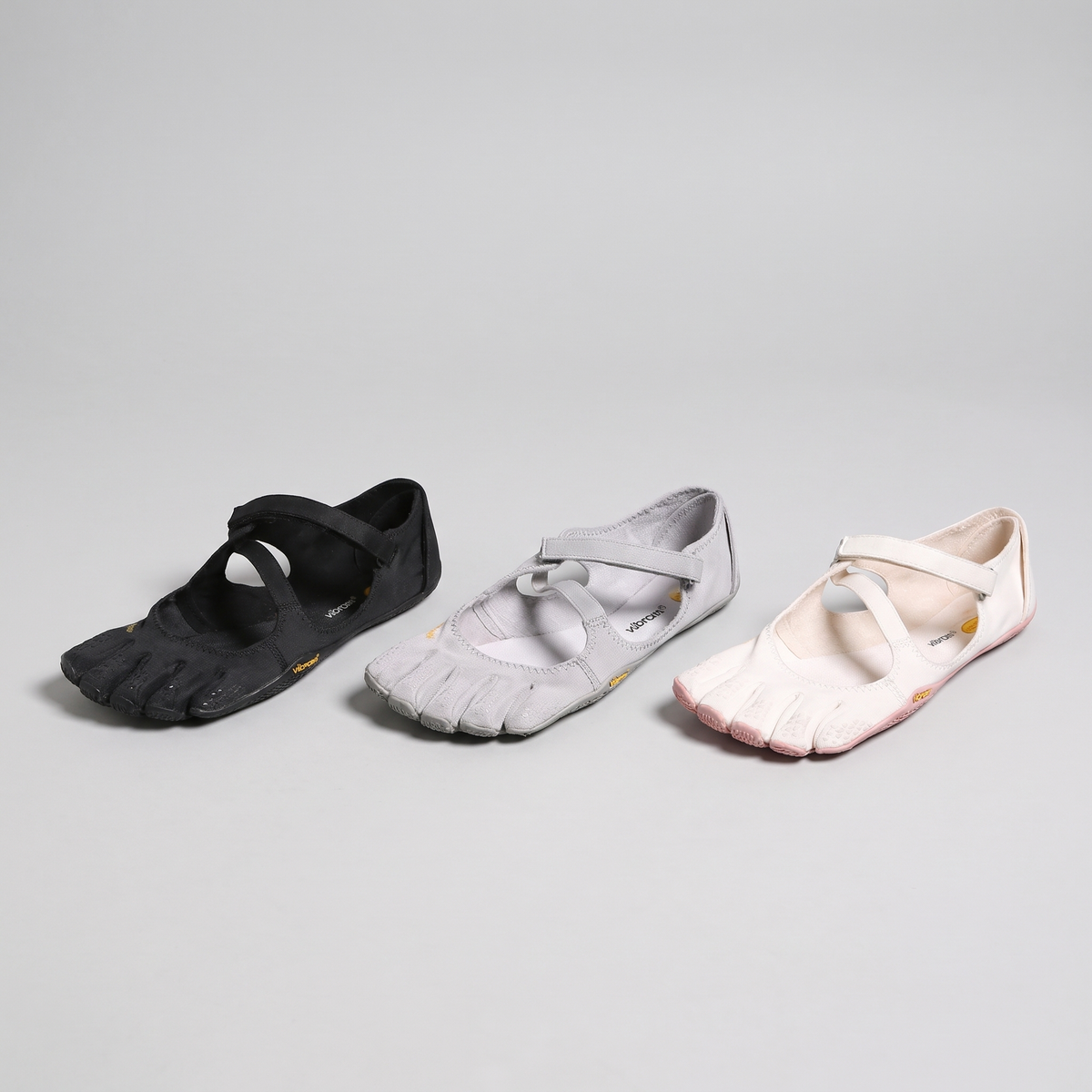 Five toe barefoot shoes in black, grey and pink