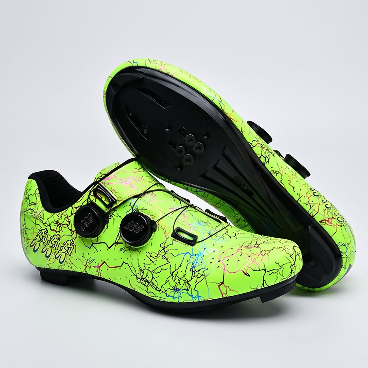 Green cycling shoes with road soles