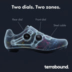 See-through cycling shoe showing the steel cables from the front and rear dials