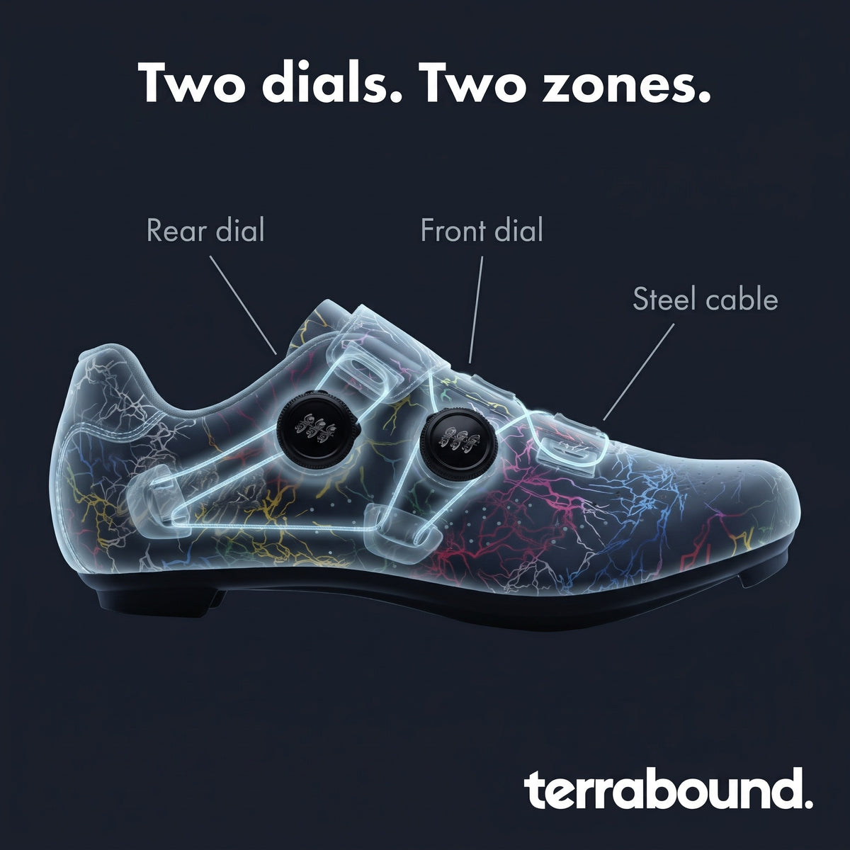 See-through cycling shoe showing the steel cables from the front and rear dials