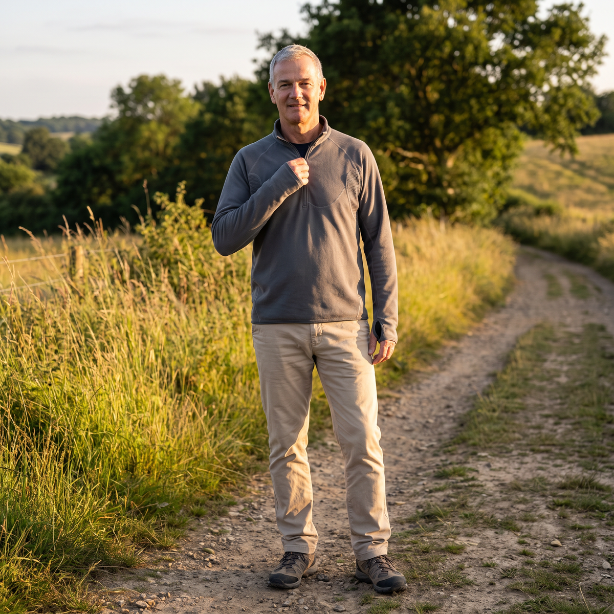 Man wearing the Terrabound Dark Gray half-zip fleece on a trail