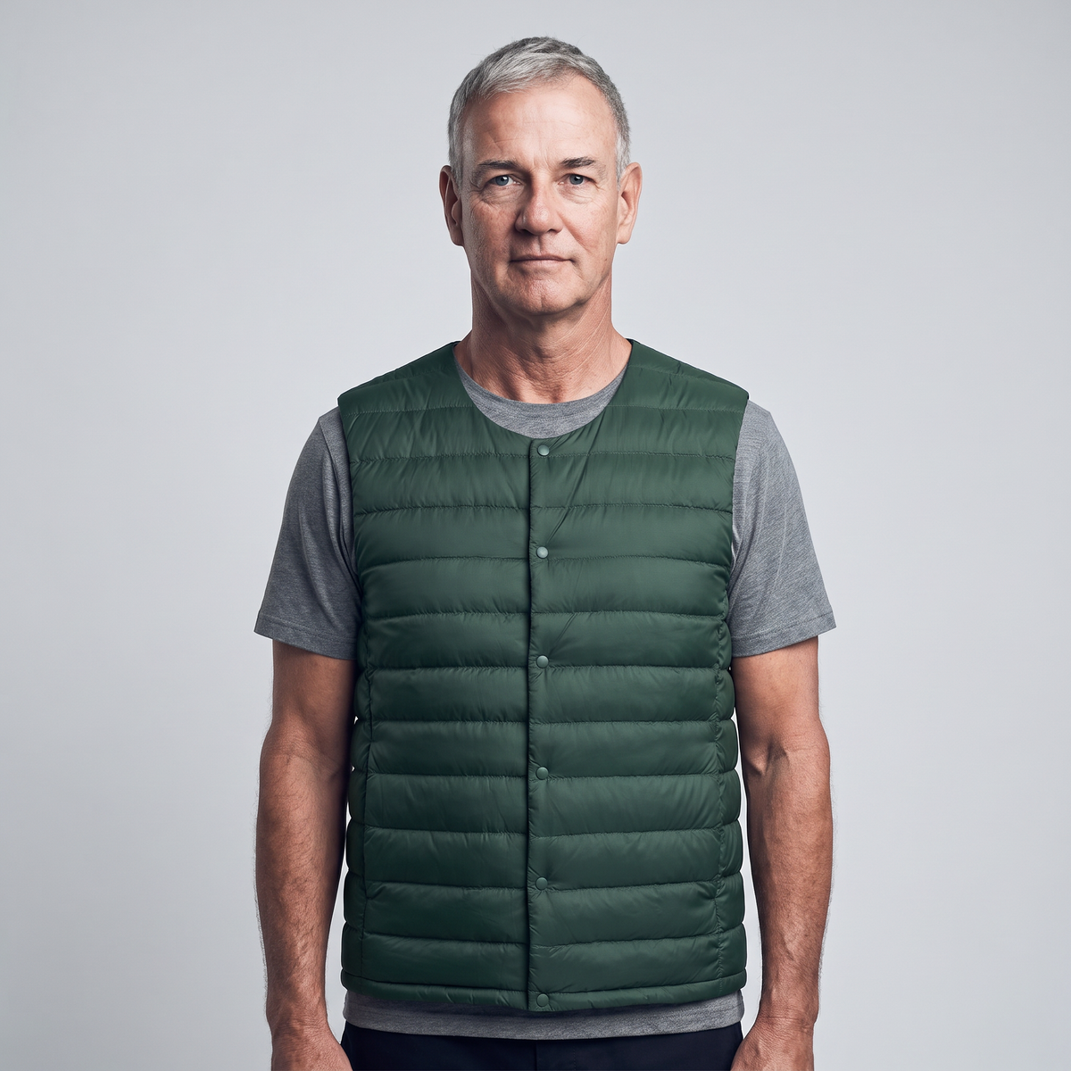 Men's Terrabound down gilet in Dark Green, front view worn over a t-shirt