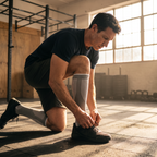 Man tying a training shoe in a gym, wearing the knee-high sock