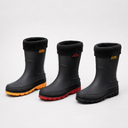 Men's fleece lined wellies in Black / Yellow, Black / Red and Black side by side