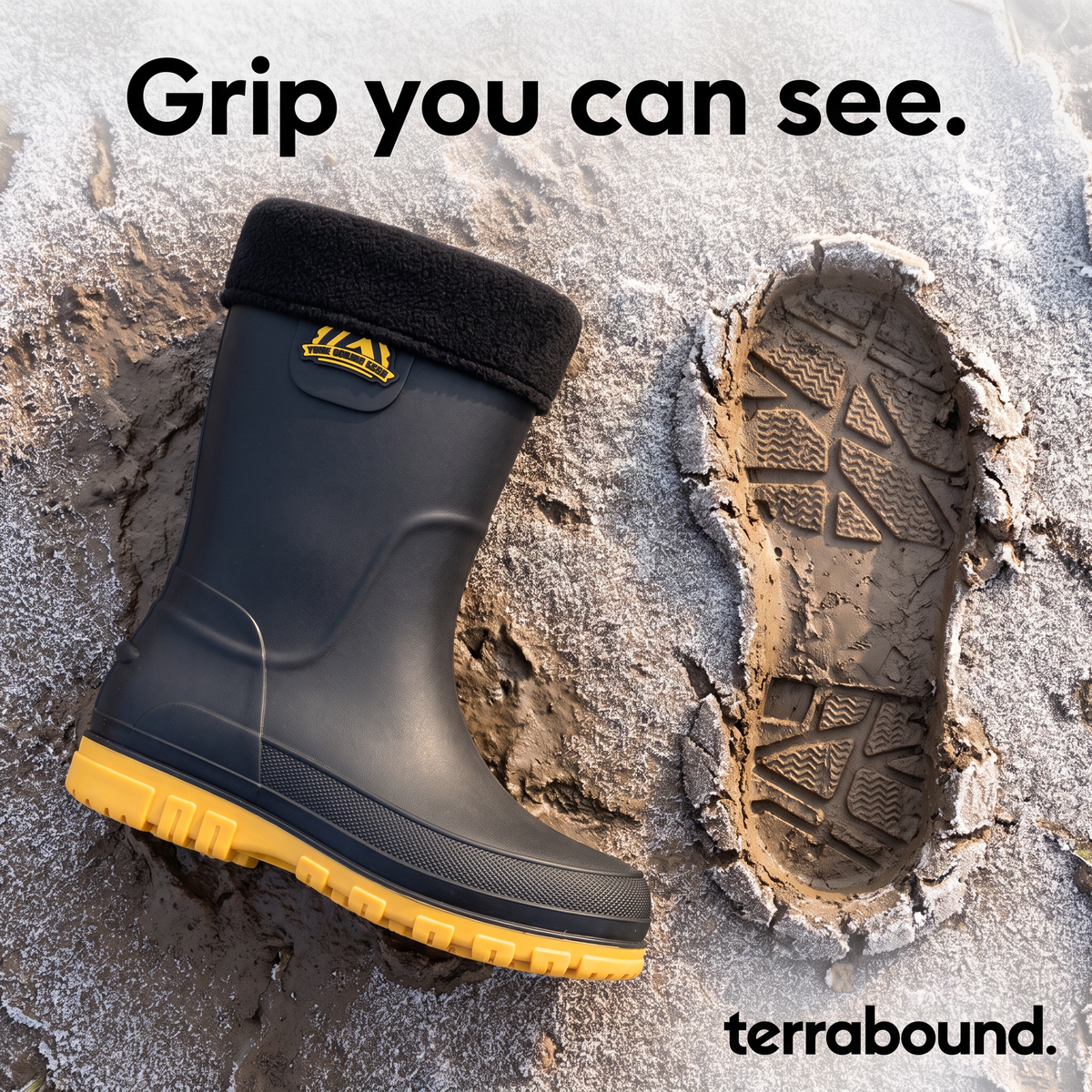 Fleece lined welly beside its footprint in frosty mud
