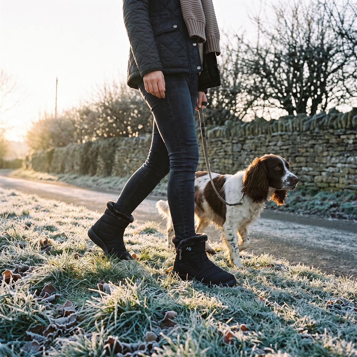 Woman walking a spaniel on a frosty country lane in black fur lined winter boots