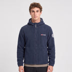 Men's navy blue windproof fleece jacket worn zipped up, front view