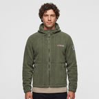 Men's army green windproof fleece jacket worn zipped up, front view