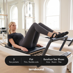 Woman on a Pilates reformer wearing black five toe barefoot shoes, with key features