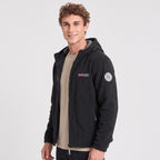 Men's black windproof fleece jacket worn, three-quarter view