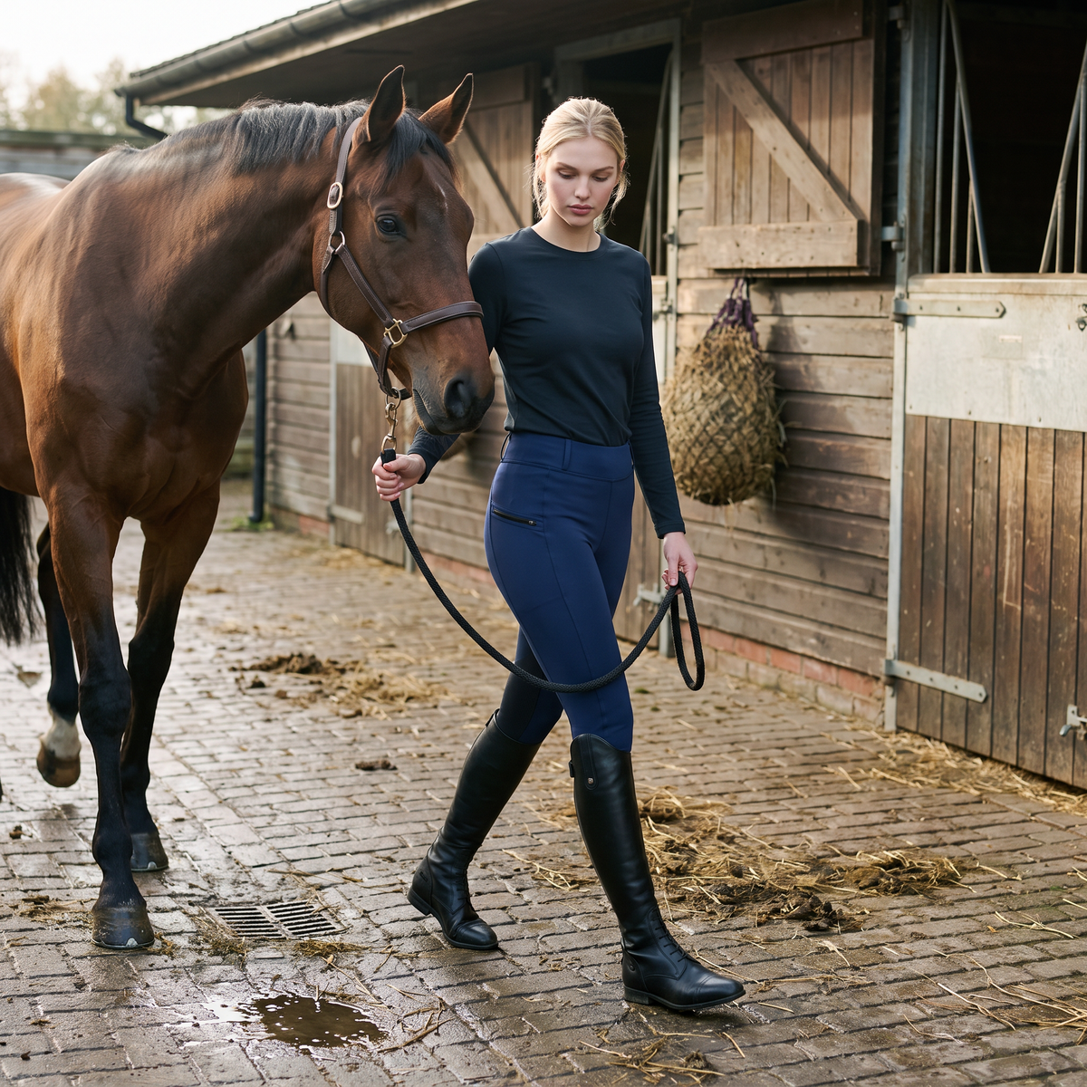 Woman leading her horse across a stable yard wearing navy two-tone pull-on jodhpurs