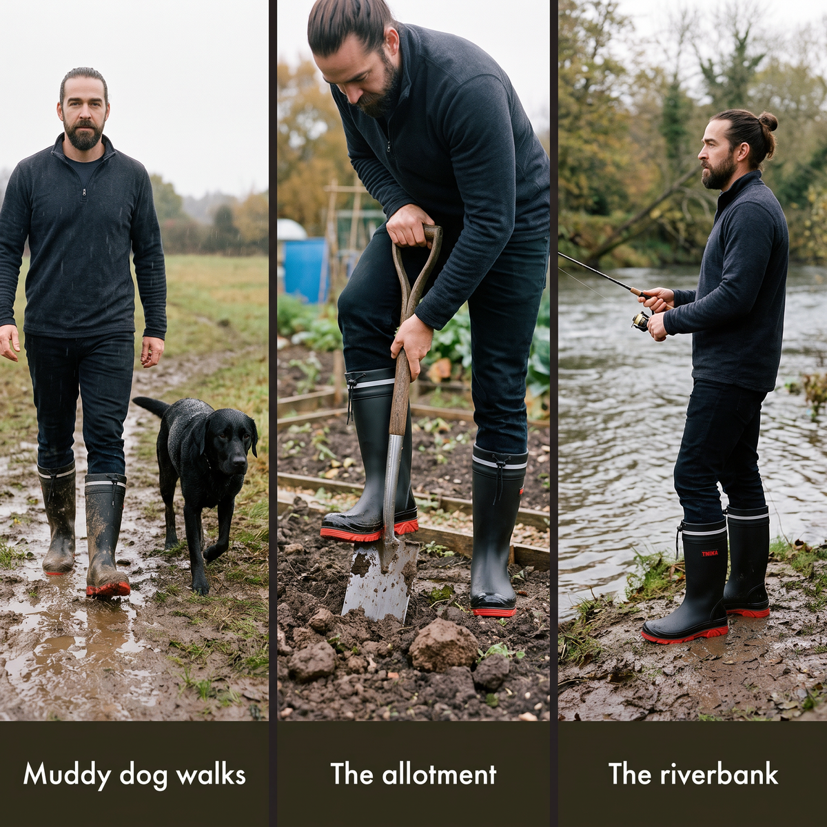 Mid-calf wellies on a muddy dog walk, at the allotment and on a riverbank