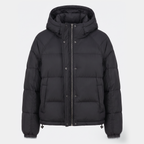 Women's hooded short down puffer jacket in Black, front view