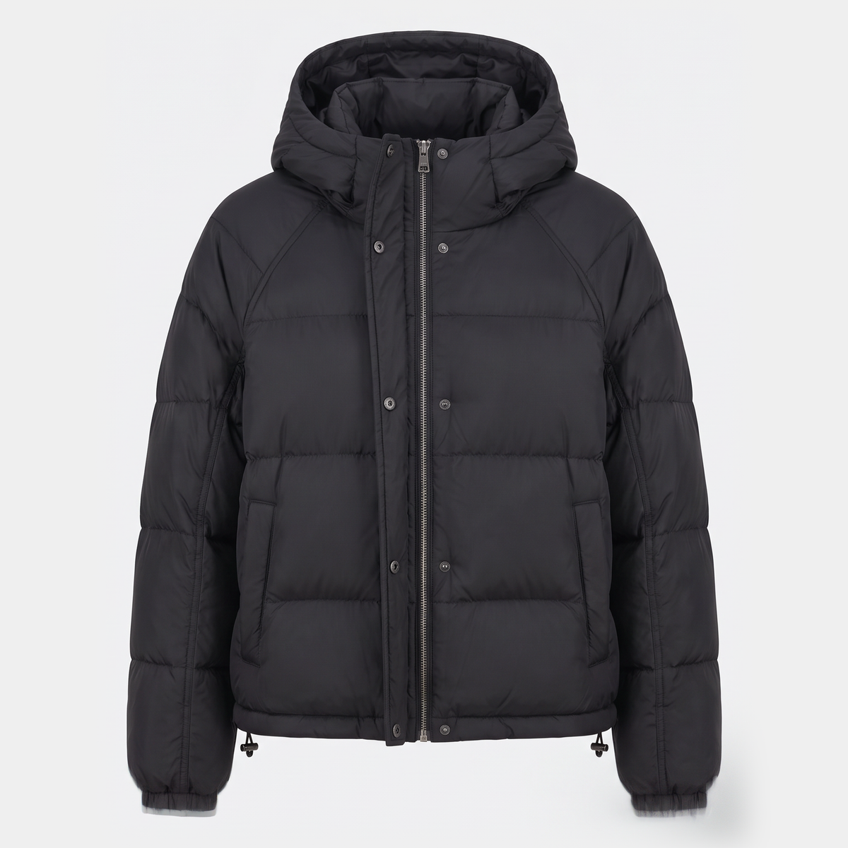 Women's hooded short down puffer jacket in Black, front view
