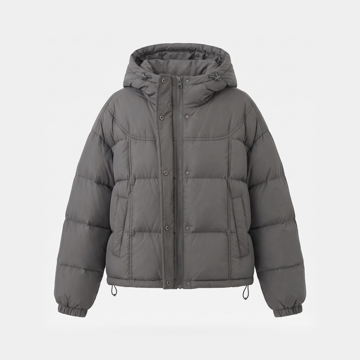 Women's hooded short down puffer jacket in Charcoal Grey, front view