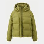 Women's hooded short down puffer jacket in Green, front view
