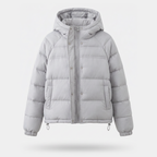 Women's hooded short down puffer jacket in Light Blue, front view