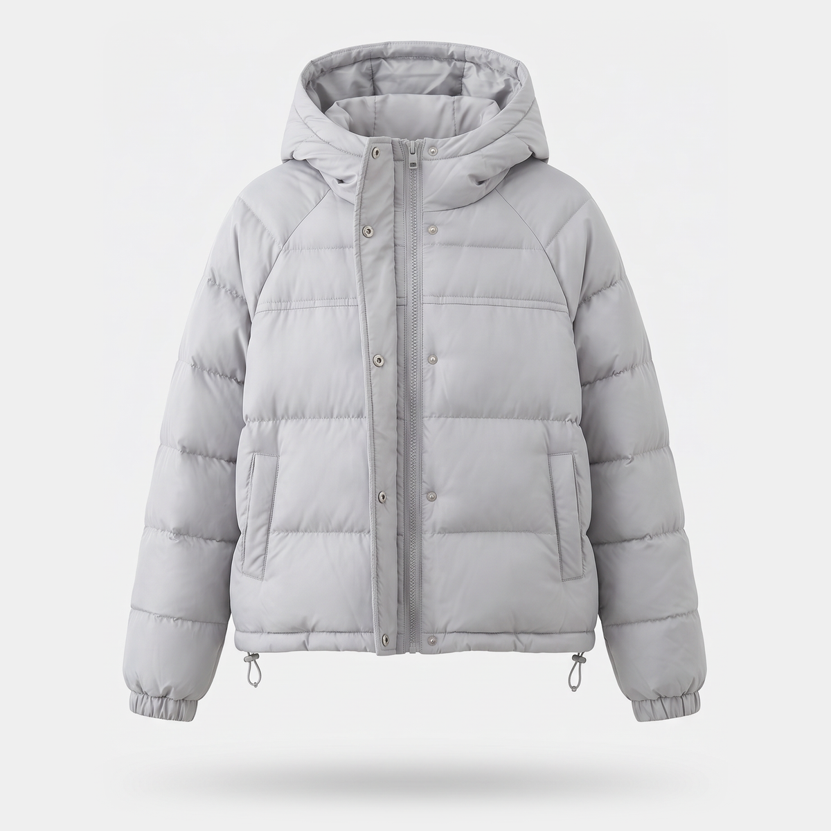 Women's hooded short down puffer jacket in Light Blue, front view