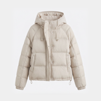 Women's hooded short down puffer jacket in Off-White, front view