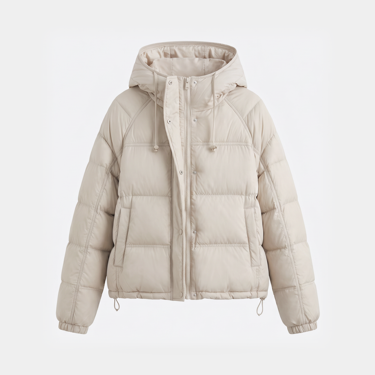 Women's hooded short down puffer jacket in Off-White, front view