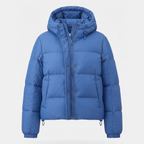 Women's hooded short down puffer jacket in Royal Blue, front view