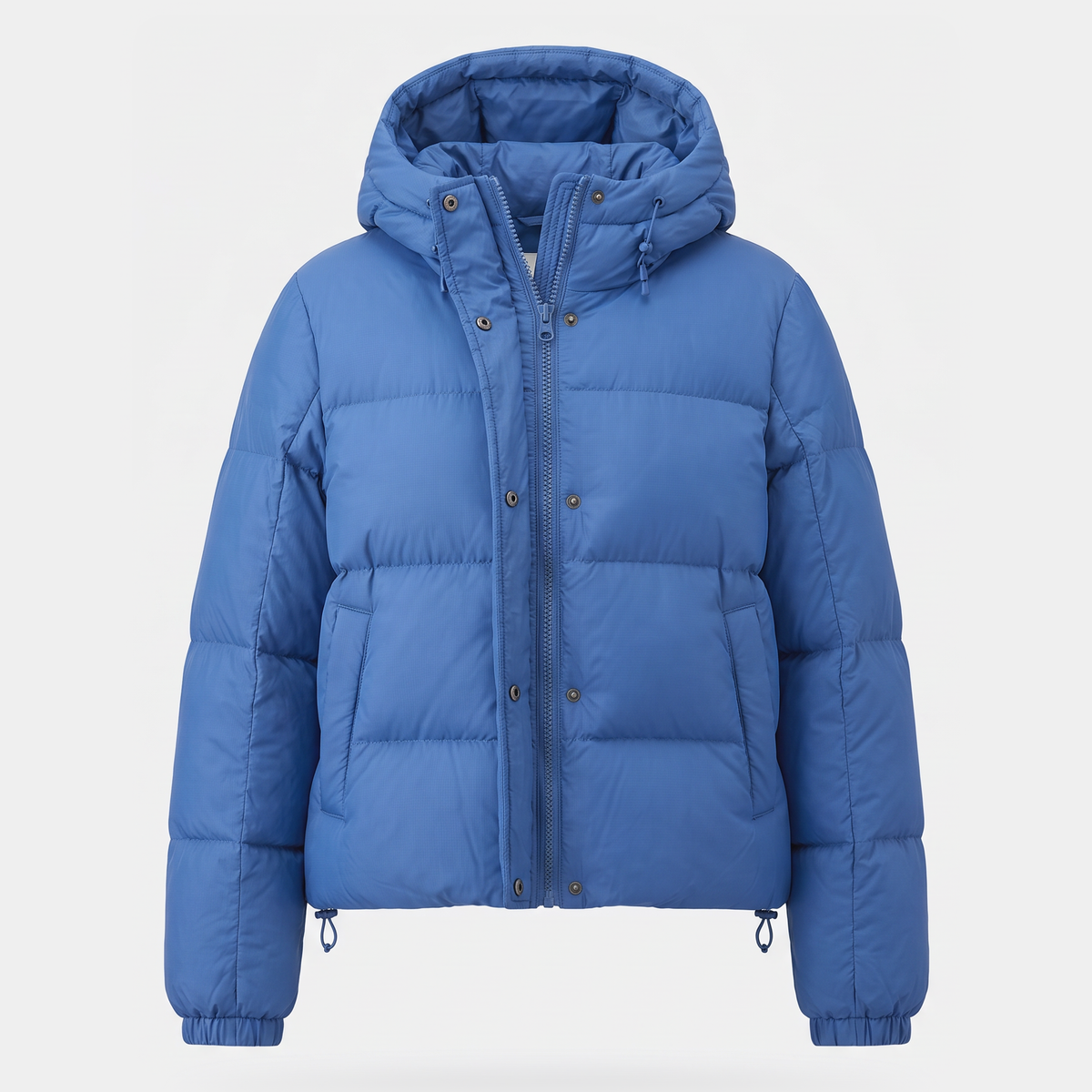 Women's hooded short down puffer jacket in Royal Blue, front view