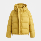 Women's hooded short down puffer jacket in Yellow, front view