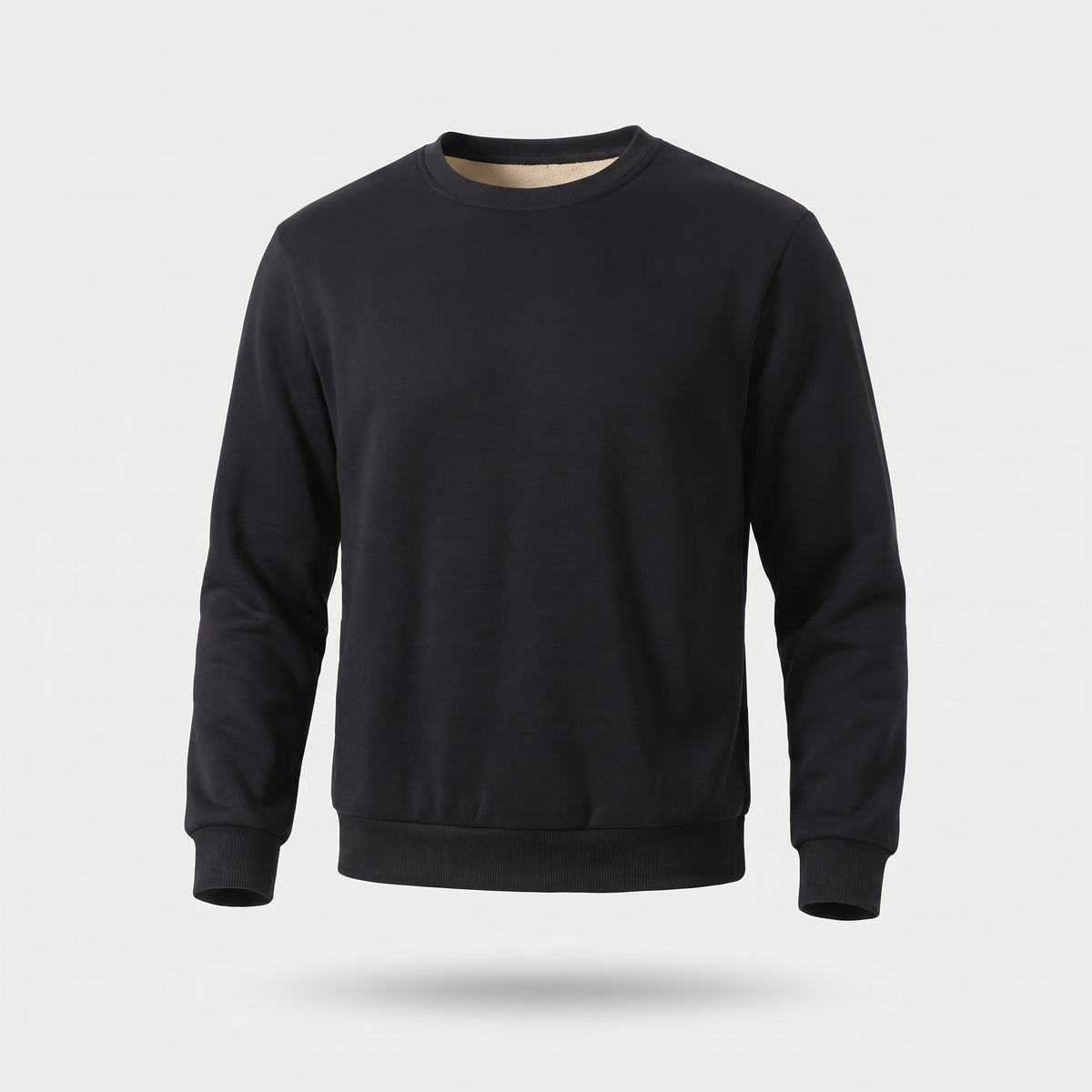 Men's crew neck sherpa jumper in black - front view ghost mannequin - hem down