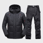 Men's Ski Suit in Black: hooded ski jacket and black ski trousers with braces