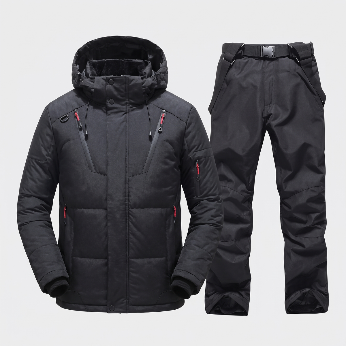 Men's Ski Suit in Black: hooded ski jacket and black ski trousers with braces