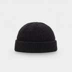 Men's fisherman beanie in Black, short docker hat with a turned cuff, front view