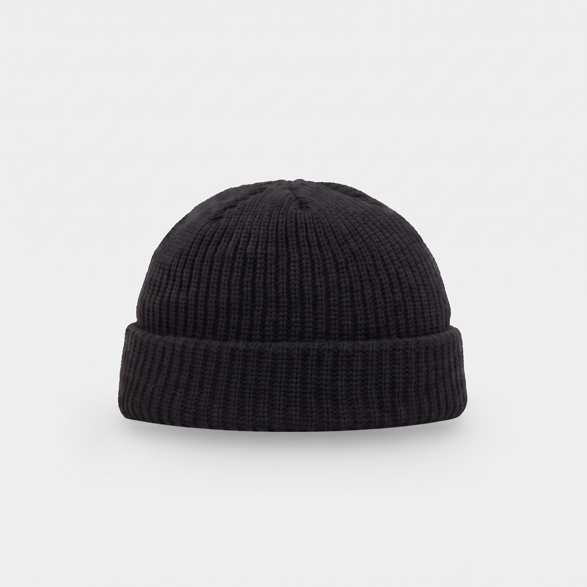 Men's fisherman beanie in Black, short docker hat with a turned cuff, front view