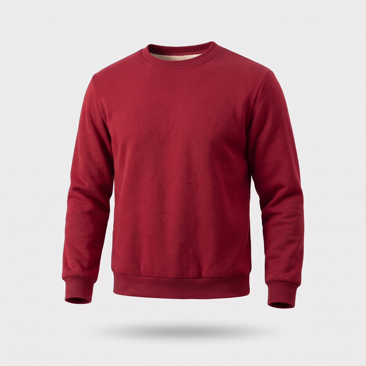 Men's crew neck sherpa jumper in burgundy - front view ghost mannequin - hem down