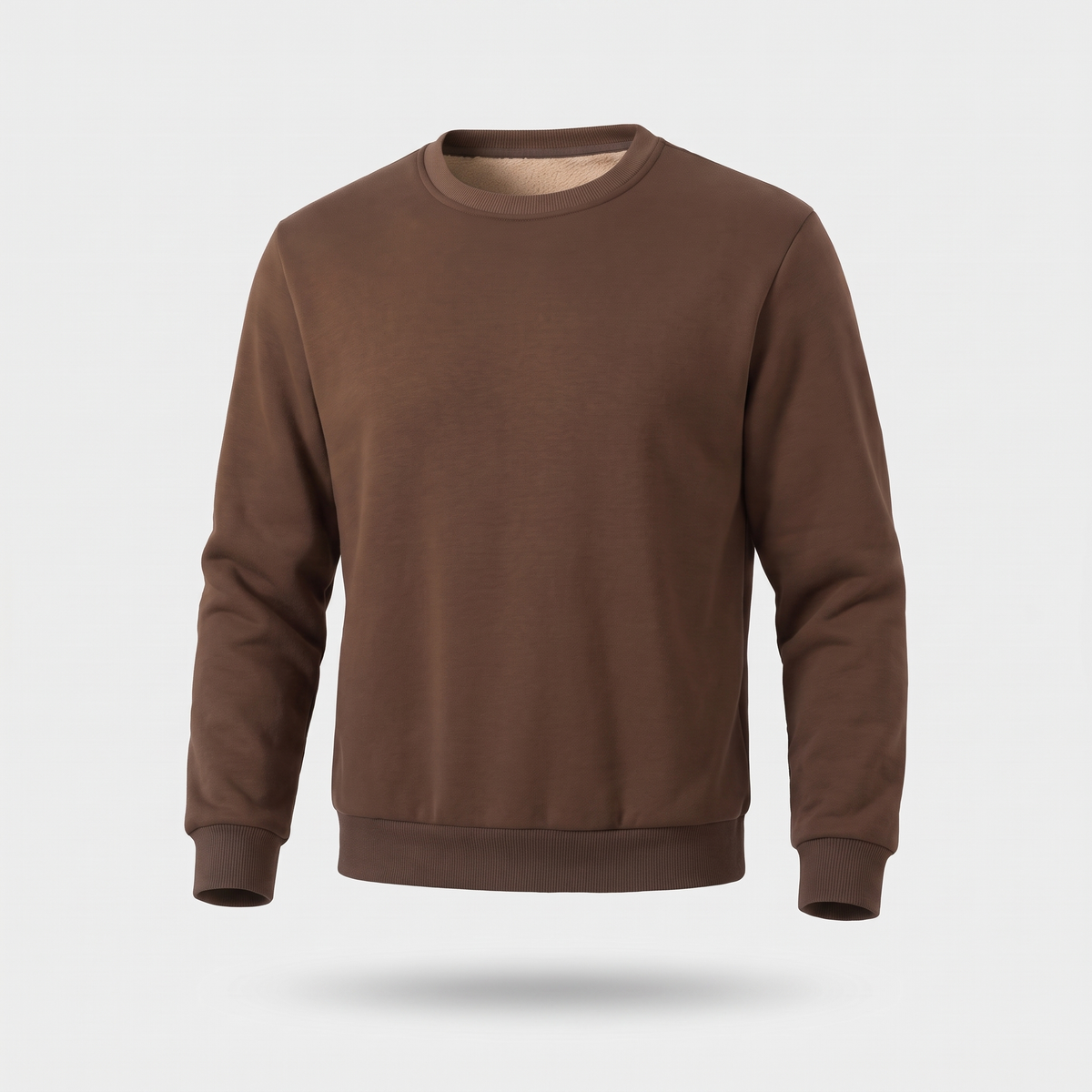 Men's crew neck sherpa jumper in coffee brown - front view ghost mannequin - hem down
