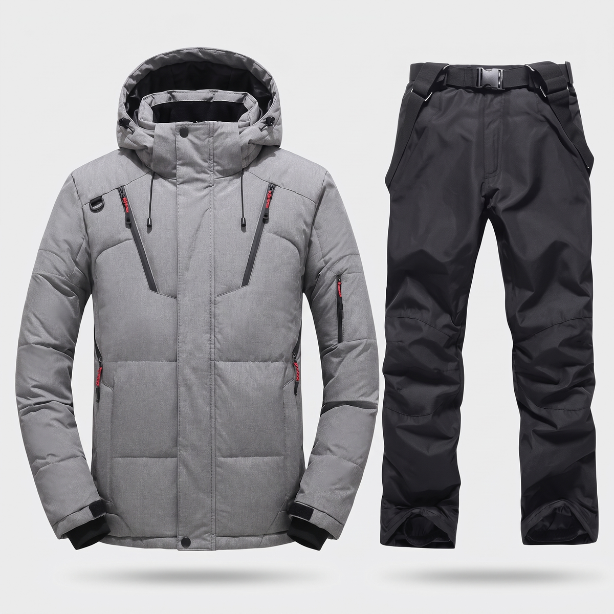 Men's Ski Suit in Grey: hooded ski jacket and black ski trousers with braces
