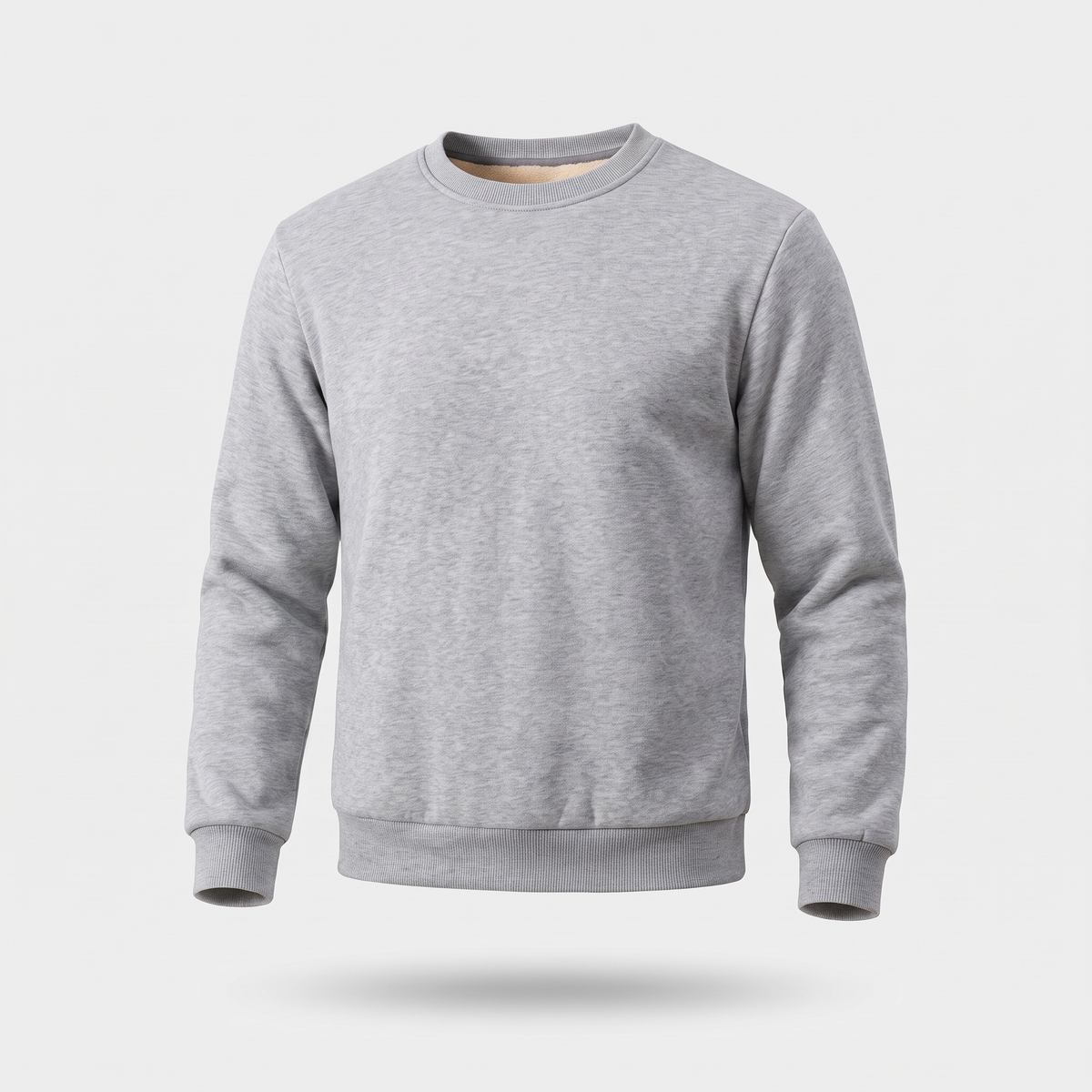Men's crew neck sherpa jumper in light grey - front view ghost mannequin - hem down