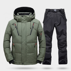 Men's Ski Suit in Olive Green: hooded ski jacket and black ski trousers with braces