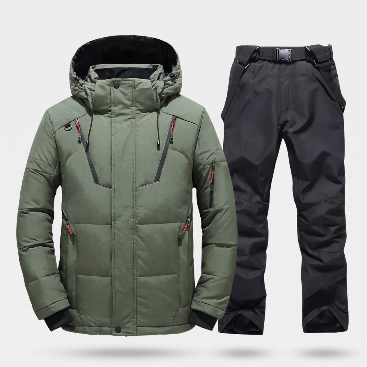 Men's Ski Suit in Olive Green: hooded ski jacket and black ski trousers with braces