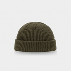 Men's fisherman beanie in Olive, short docker hat with a turned cuff, front view