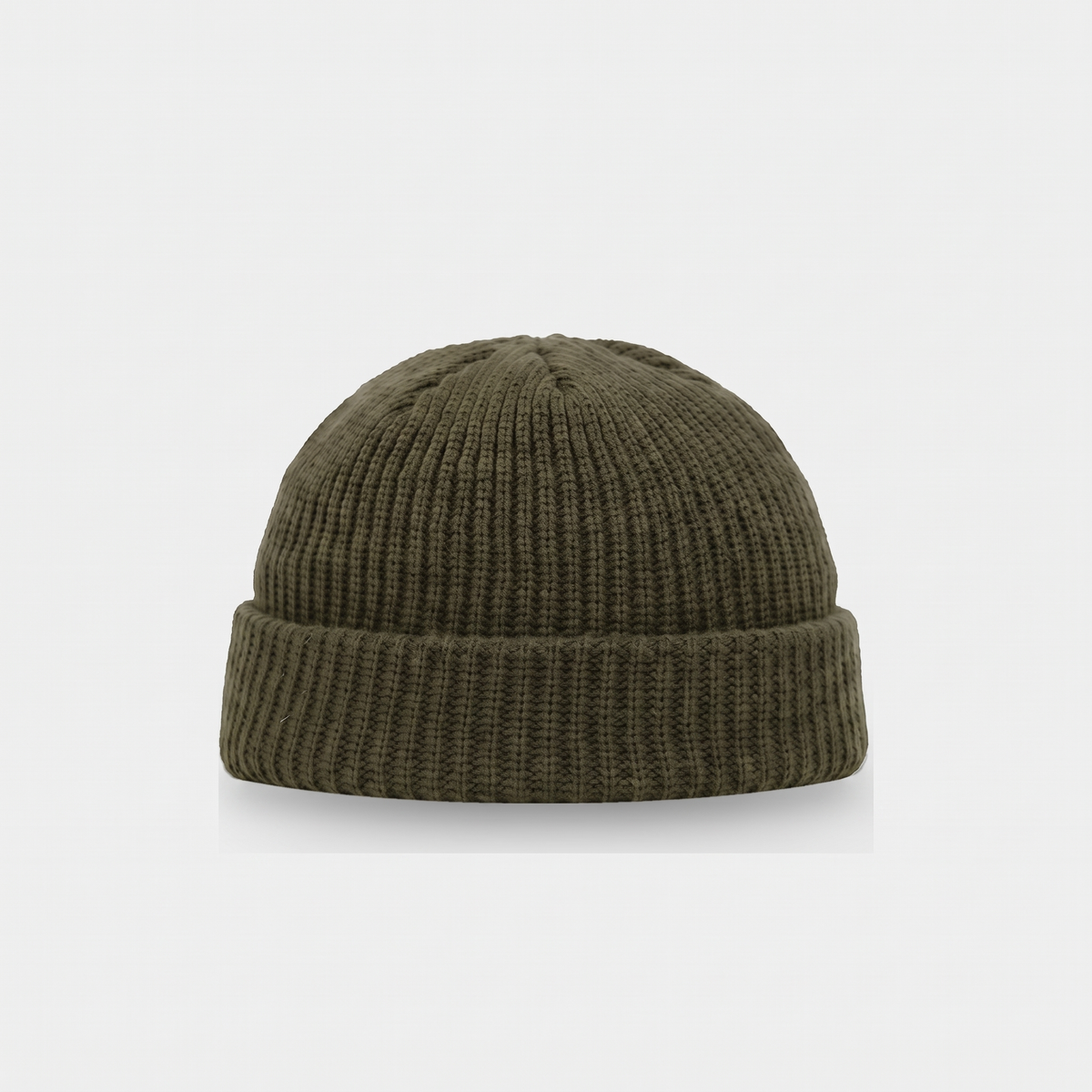 Men's fisherman beanie in Olive, short docker hat with a turned cuff, front view