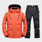 Men's Ski Suit in Orange: hooded ski jacket and black ski trousers with braces