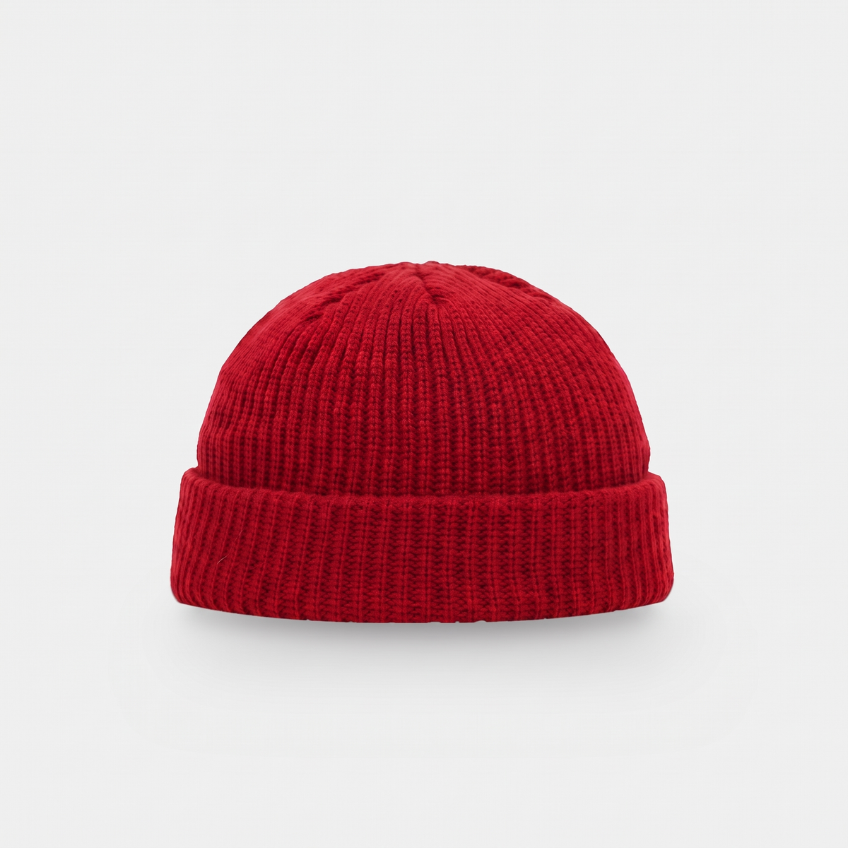Men's fisherman beanie in Red, short docker hat with a turned cuff, front view