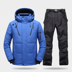 Men's Ski Suit in Royal Blue: hooded ski jacket and black ski trousers with braces