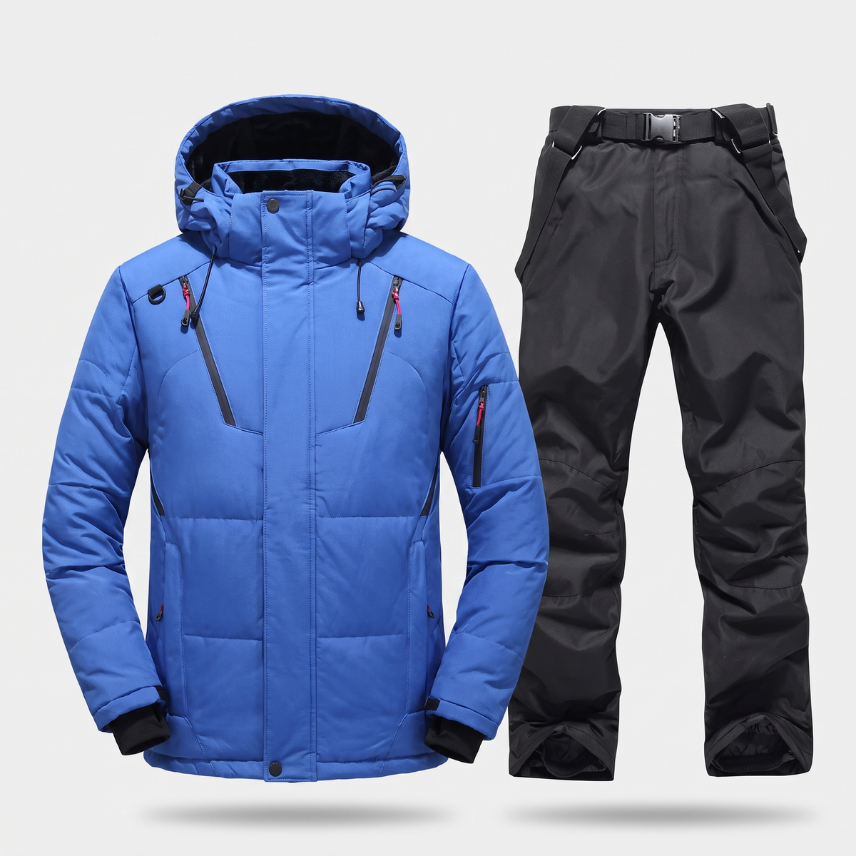 Men's Ski Suit in Royal Blue: hooded ski jacket and black ski trousers with braces