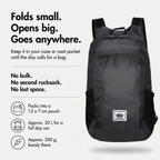 Foldable rucksack folds into a 12 x 7 cm pouch